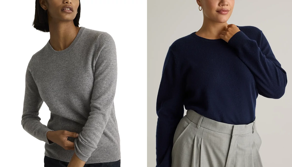 Go ahead and treat yourself to a cashmere sweater Quince Women’s Mongolian Cashmere Crewneck Sweater in Heather Gray and True Navy