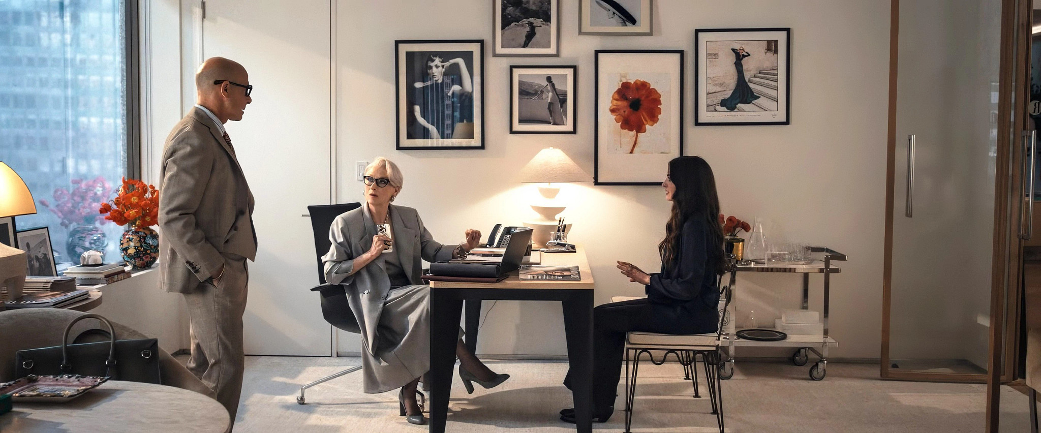 stanley tucci, meryl streep and anne hathaway in a scene from the devil wears prada 2