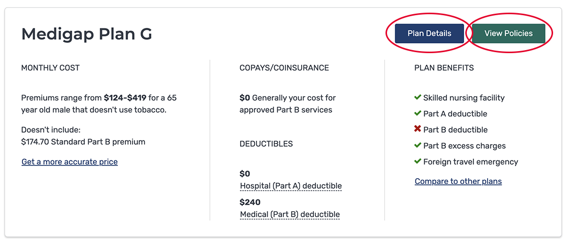 How to Choose Medicare Supplement Insurance Online screen grab of a medigap plan g