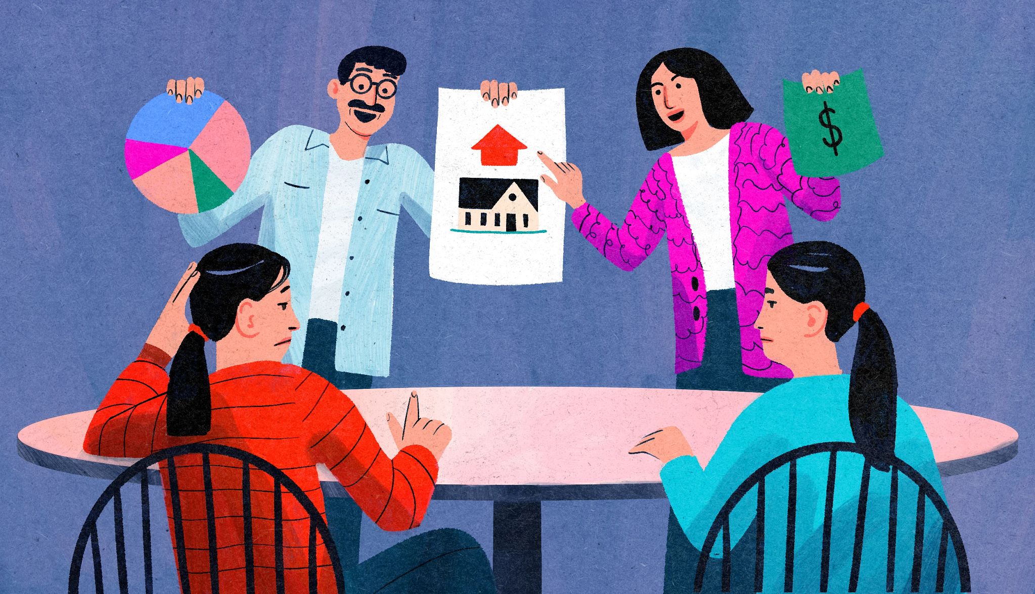 Why We Shared Financial Information With Our Kids adults stand at a table showing their adult children charts and other financial information