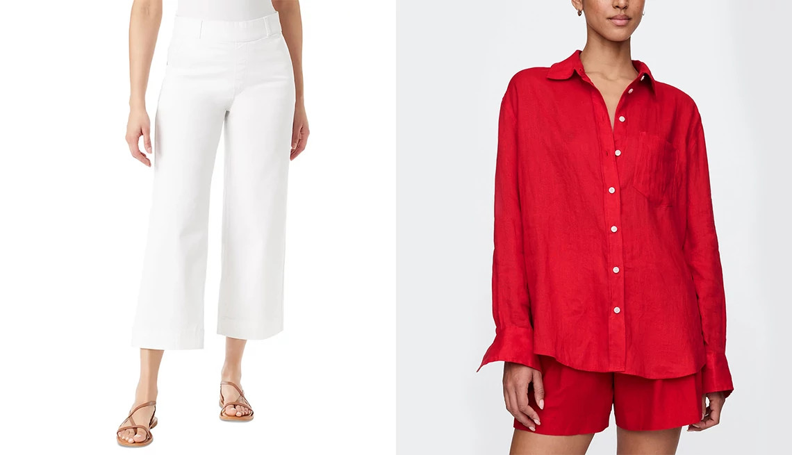Gloria Vanderbilt Women’s Shape-Effect Wide-Leg Cropped Pants in Vintage White; Gap Women 100% Linen Relaxed Shirt in Tomato Sauce Red.