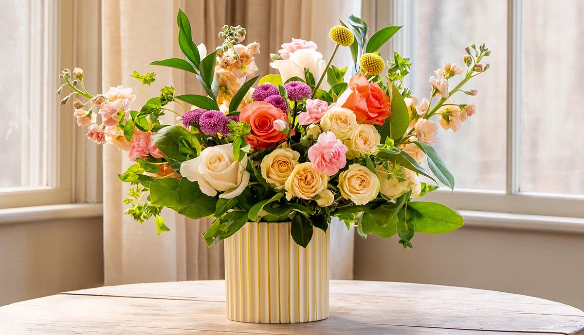 Beautiful bouquet of flowers from FTD sitting on a table in the sunshine