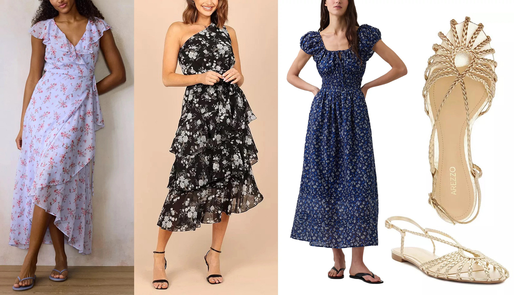 a collage with a pair of gold tone sandals with braided straps and three models wearing midi length dresses in floral patterns