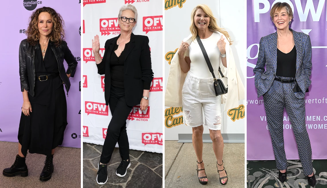 Jennifer Grey attends A Real Pain Premiere during the 2024 Sundance Film Festival; Jamie Lee Curtis at the One Fair Wage Fundraiser; Christie Brinkley attends the special screening of Theater Camp; Sharon Stone attends the Visionary Women's International Women's Day Summit