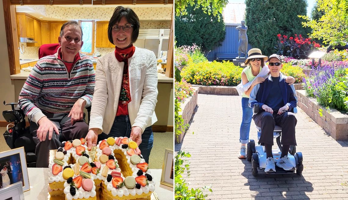How to Be a Caregiver for Someone With ALS images of a man and woman celebrating an anniversary and being outdoors