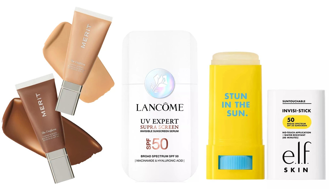 a collage with skin care products that have sun protection