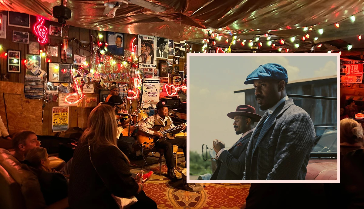 An image of “Sinners” star overlaid on a bar during a musical performance