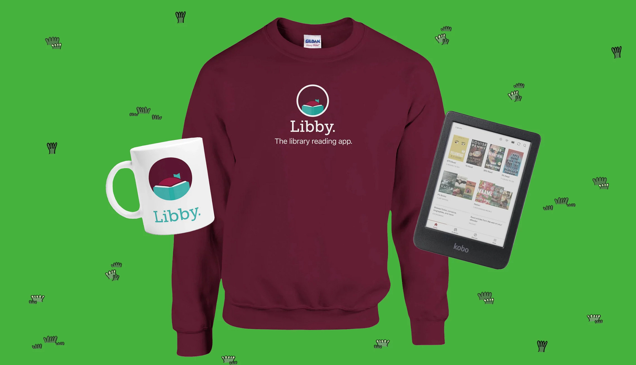 The Girlfriend Summer Reading Challenge Sweepstakes Prize Bundle that includes a Kobo Clara Colour e-reader, a white Libby Ceramic Mug and a maroon Libby Crewneck sweatshirt