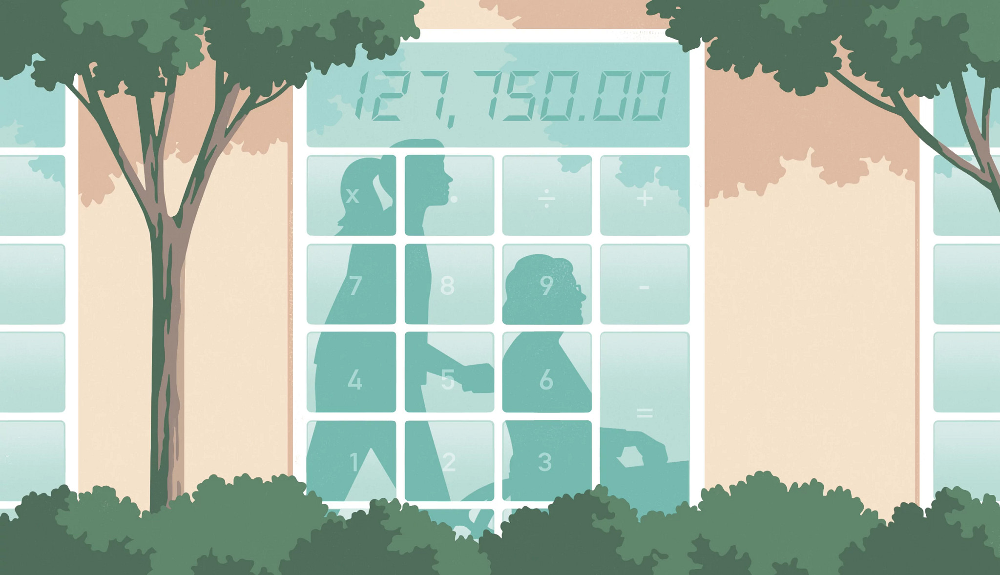 an illustration shows the outside of a long-term care facility. One of the façade windows is shaped like a calculator. A silhouette of a caregiver pushing an older adult in a wheelchair can be seen from the outside