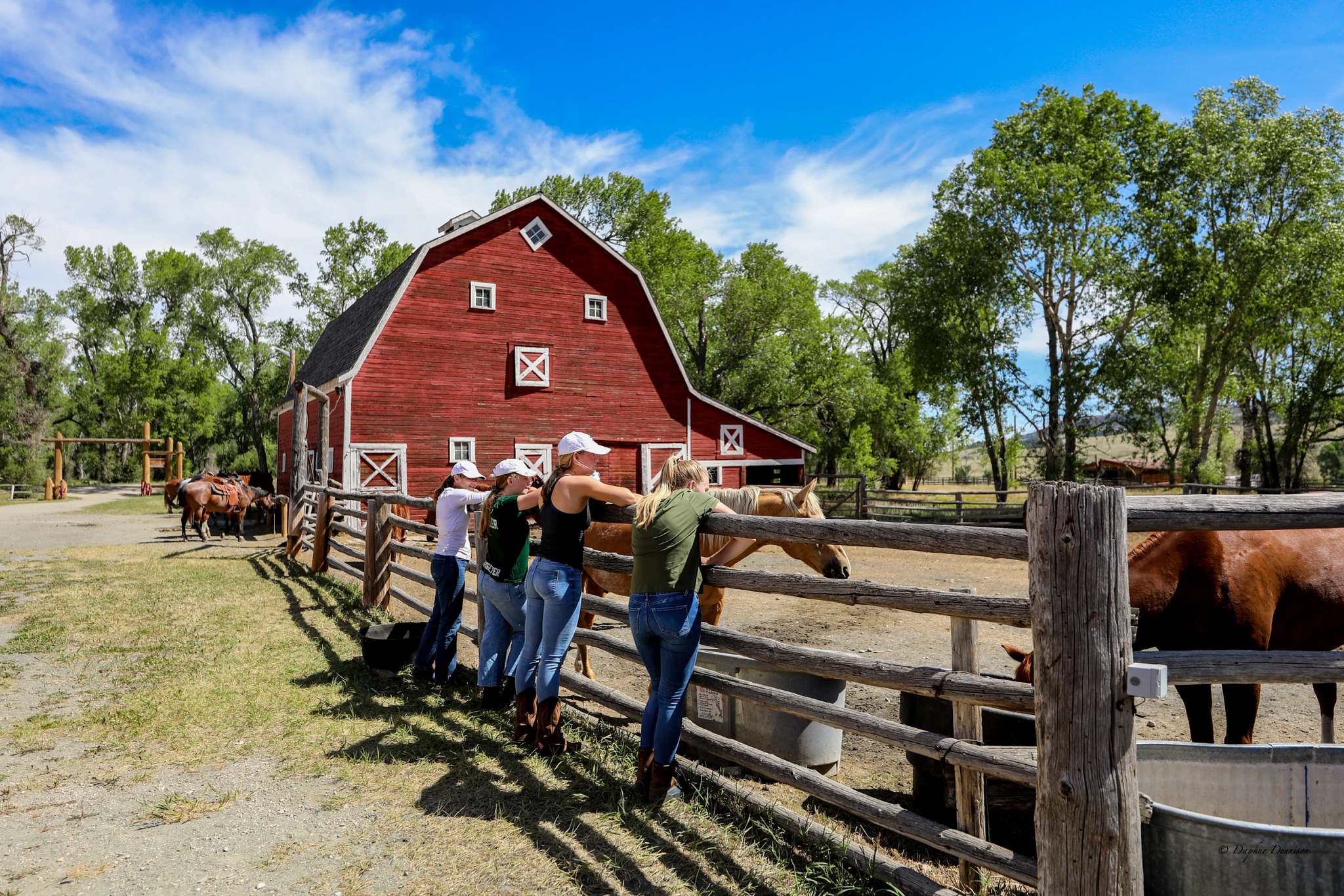 people standing at a fence next to a horse at a ranch