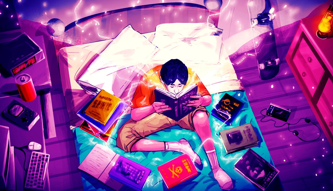 The Top 75 Books for Gen Xers a person sitting on a bed covered in books, looking intently into a book that is emitting glowing streaks and sparkles