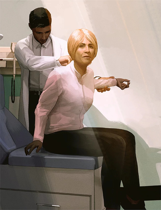 Sandra in an examination room sitting on the table while Dr. Echo looks at her neck