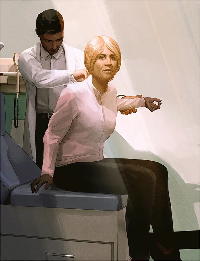 Sandra in an examination room sitting on the table while Dr. Echo looks at her neck
