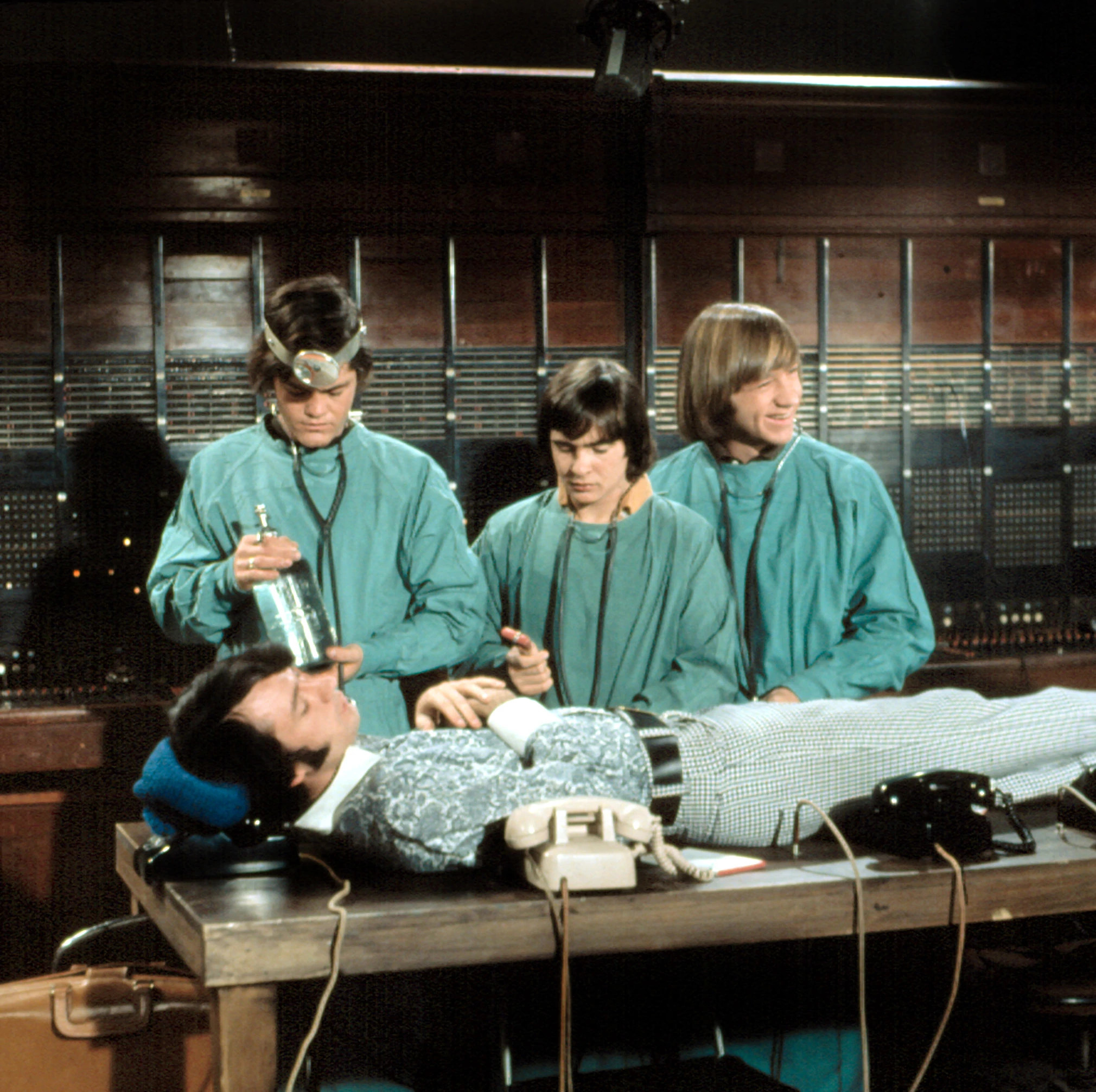 Micky Dolenz, Davy Jones, Michael Nesmith and Peter Tork in a scene from an episode of the Monkees T V show