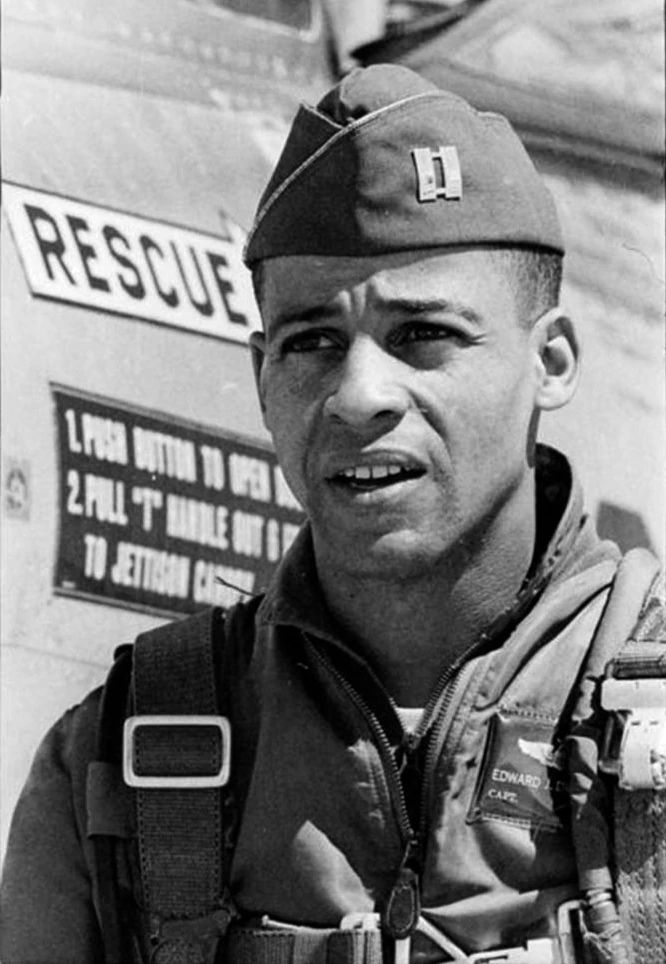 Air Force test pilot and NASA recruit Ed Dwight A black and white photo of Air Force test pilot and NASA recruit Ed Dwight in uniform, 1962