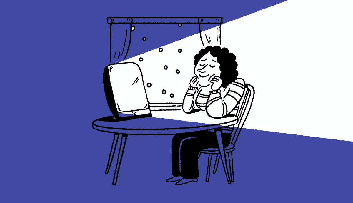A simple blue and white illustration of a woman sitting at a table in front of a bright light-therapy box