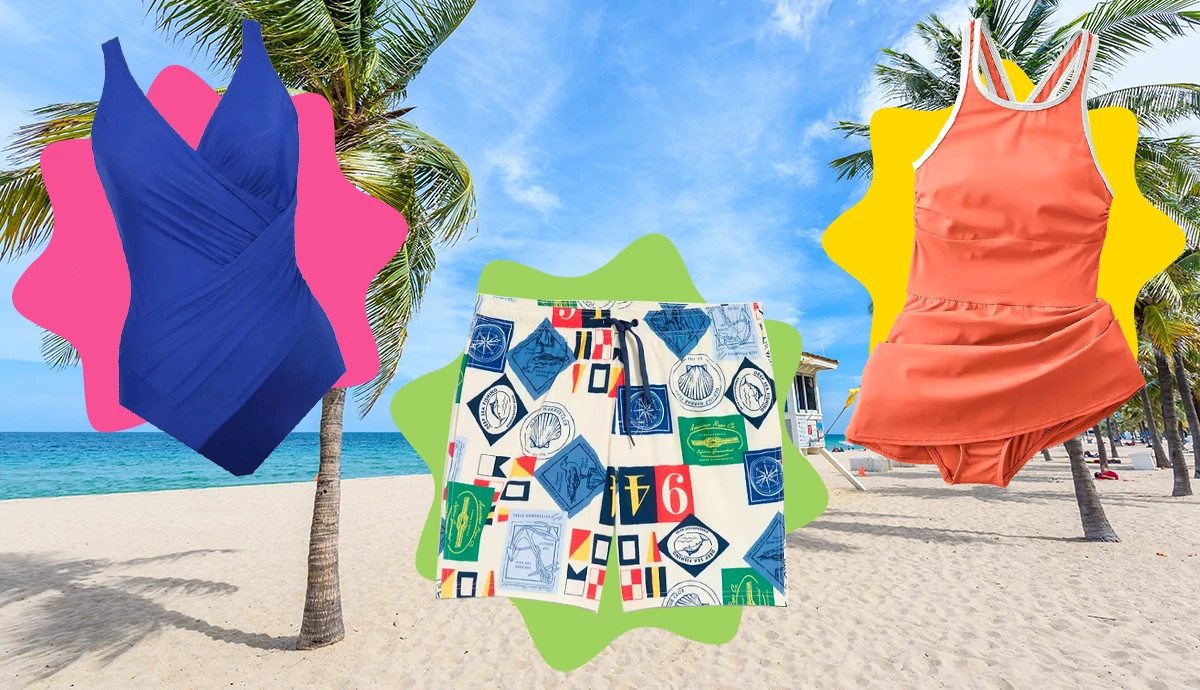 a collage with two swimsuits and a pair of swim trunks over colorful shapes and a beach scene background