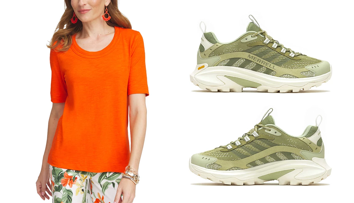 Hiking and walking sportswear Chico’s Scoop Neck Tee in Valencia Orange; Merrell Women’s Moab Speed 2 in Mosstone