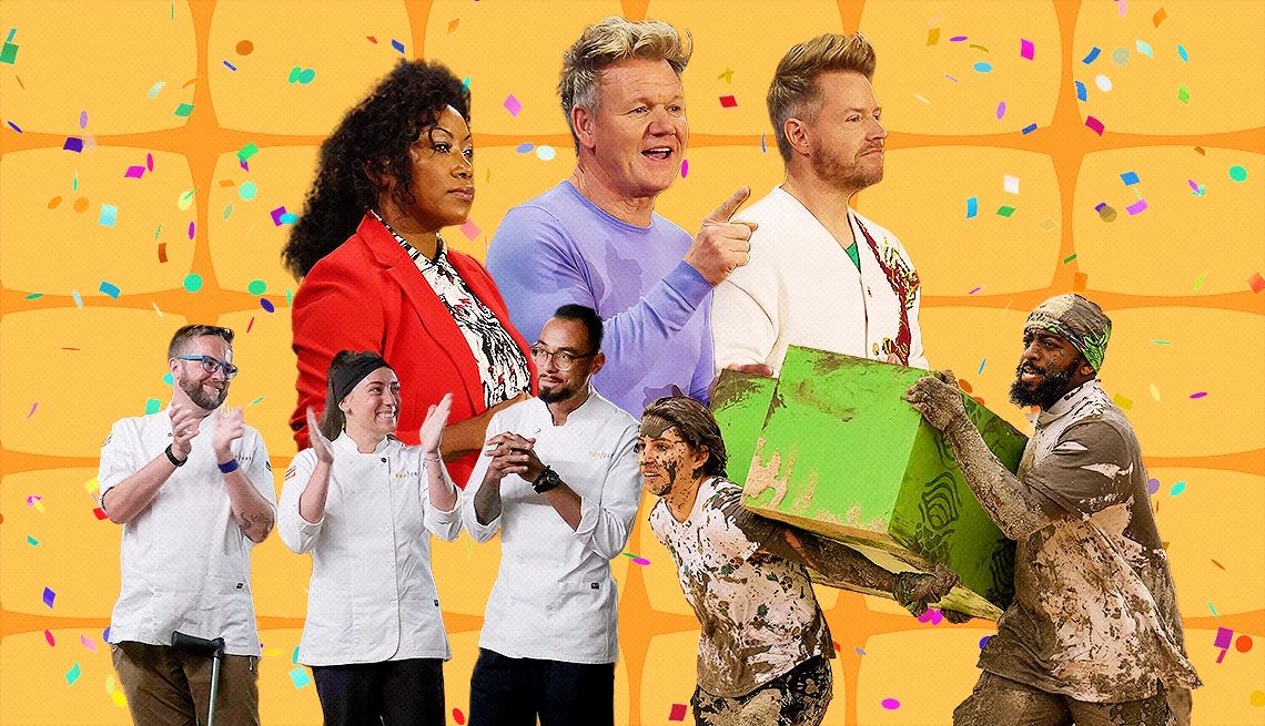 Favorite reality shows of the first half of 2024 Hosts and contestants from several reality shows against orange and yellow background with confetti on it