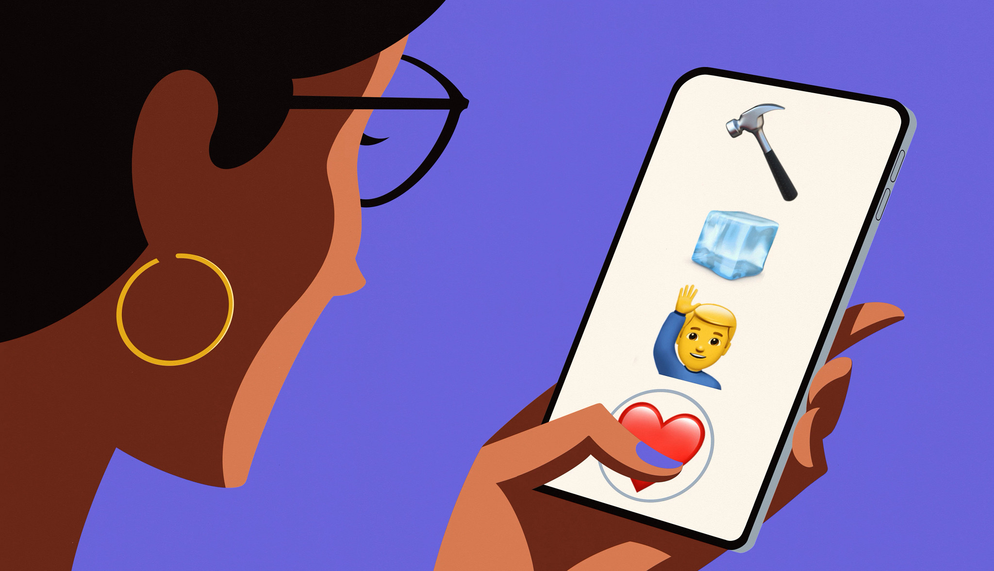 a person looks at a cellphone screen with emojis of a hammer, ice, a man waving and a red heart