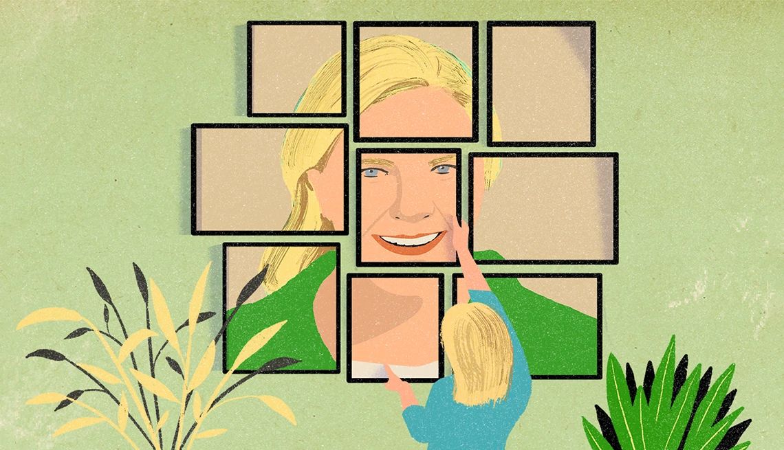 Starting therapy in your 50s Illustration of woman hanging tiles with woman's picture on them on wall