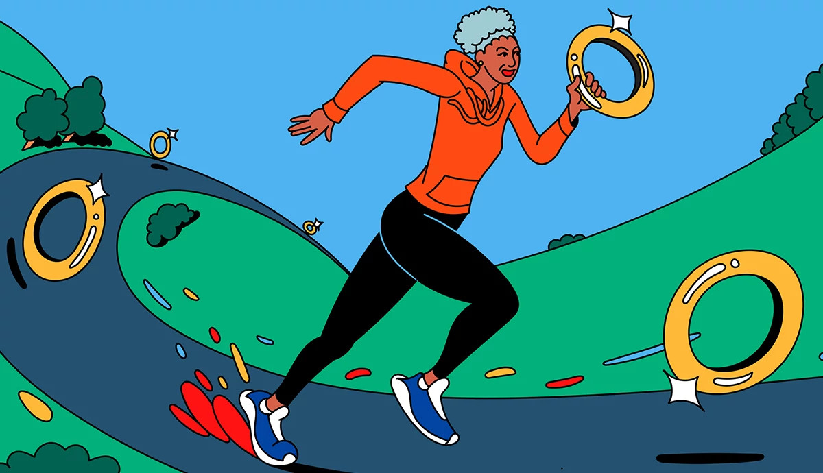 illustration of an older woman with grey hair running joyfully on a path, wearing a bright orange hoodie and athletic gear