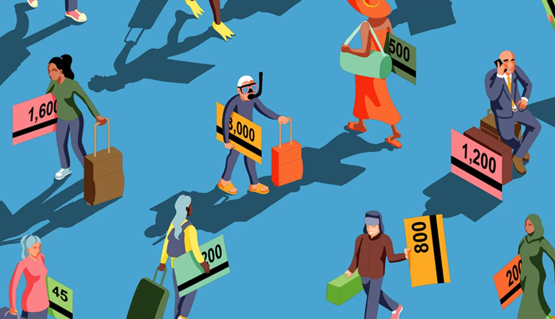 Viajeros con tarjetas y bolsas en un campo azul.