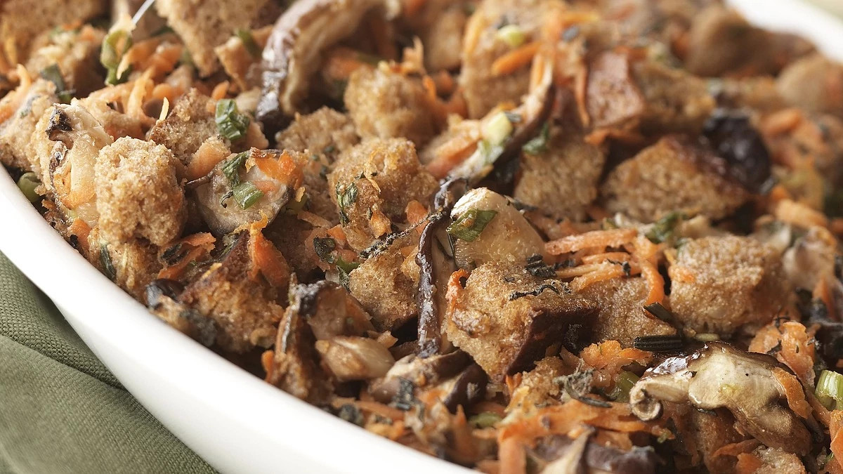 A close-up view of carrot-mushroom stuffing