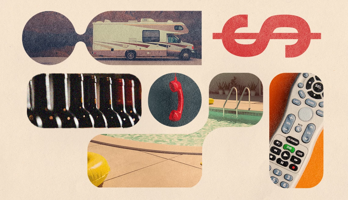 Collage of retro icons including an RV, dollar sign, phone, swimming pool, and TV remote.