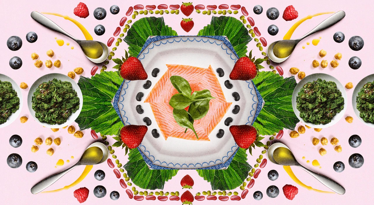 photo collage of fruits and veggies to help live longer