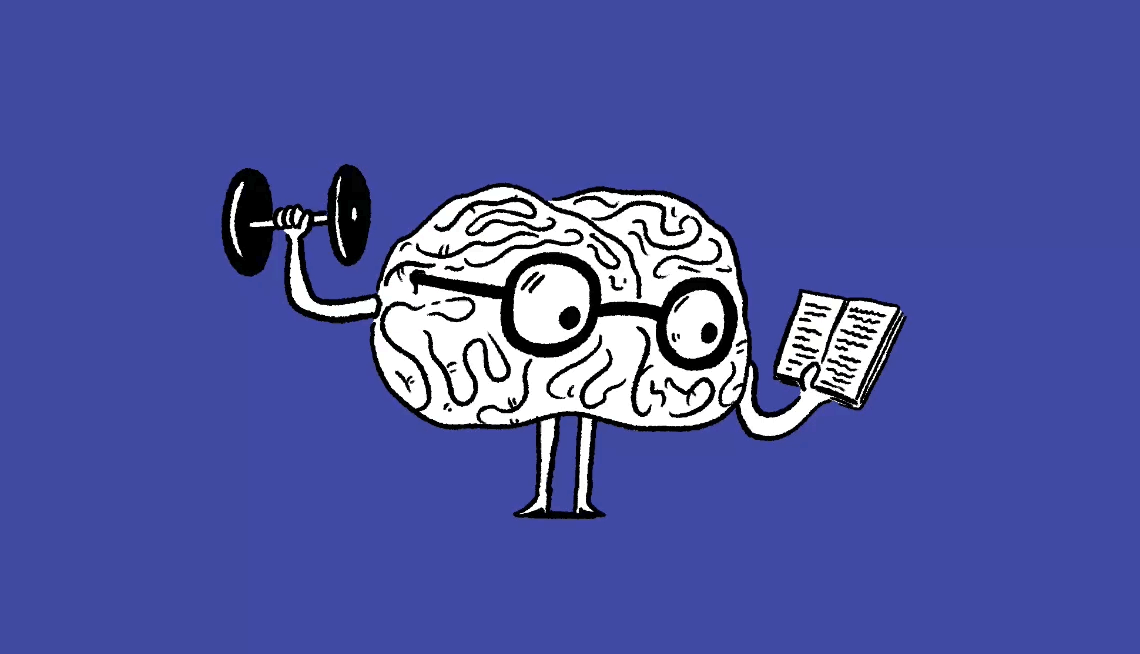 illustrated gif of a brain with glasses lifting a dumbbell and reading a book