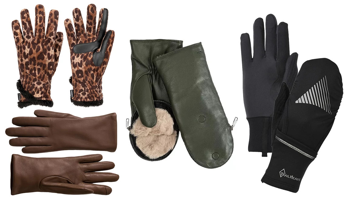 a collage with four different styles of womens gloves and mittens