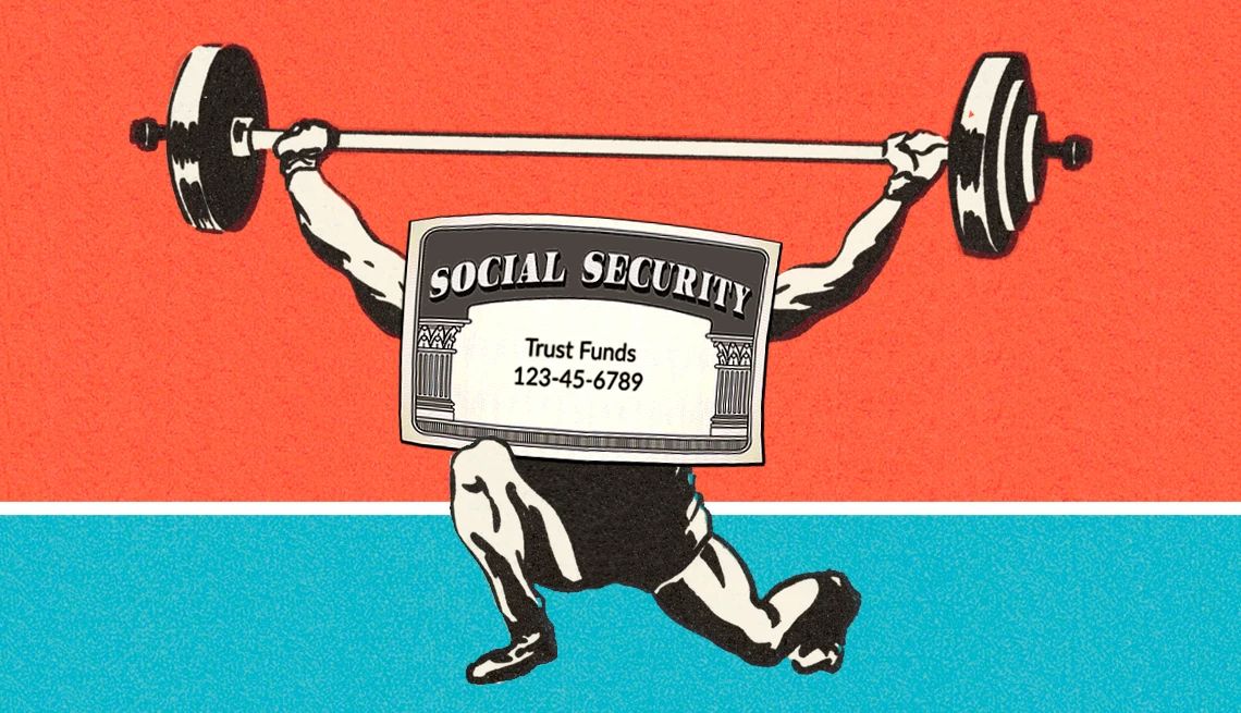 Cómo aumentar el financiamiento del Seguro Social Un fisiculturista levantando pesas con una tarjeta del Seguro Social superpuesta.