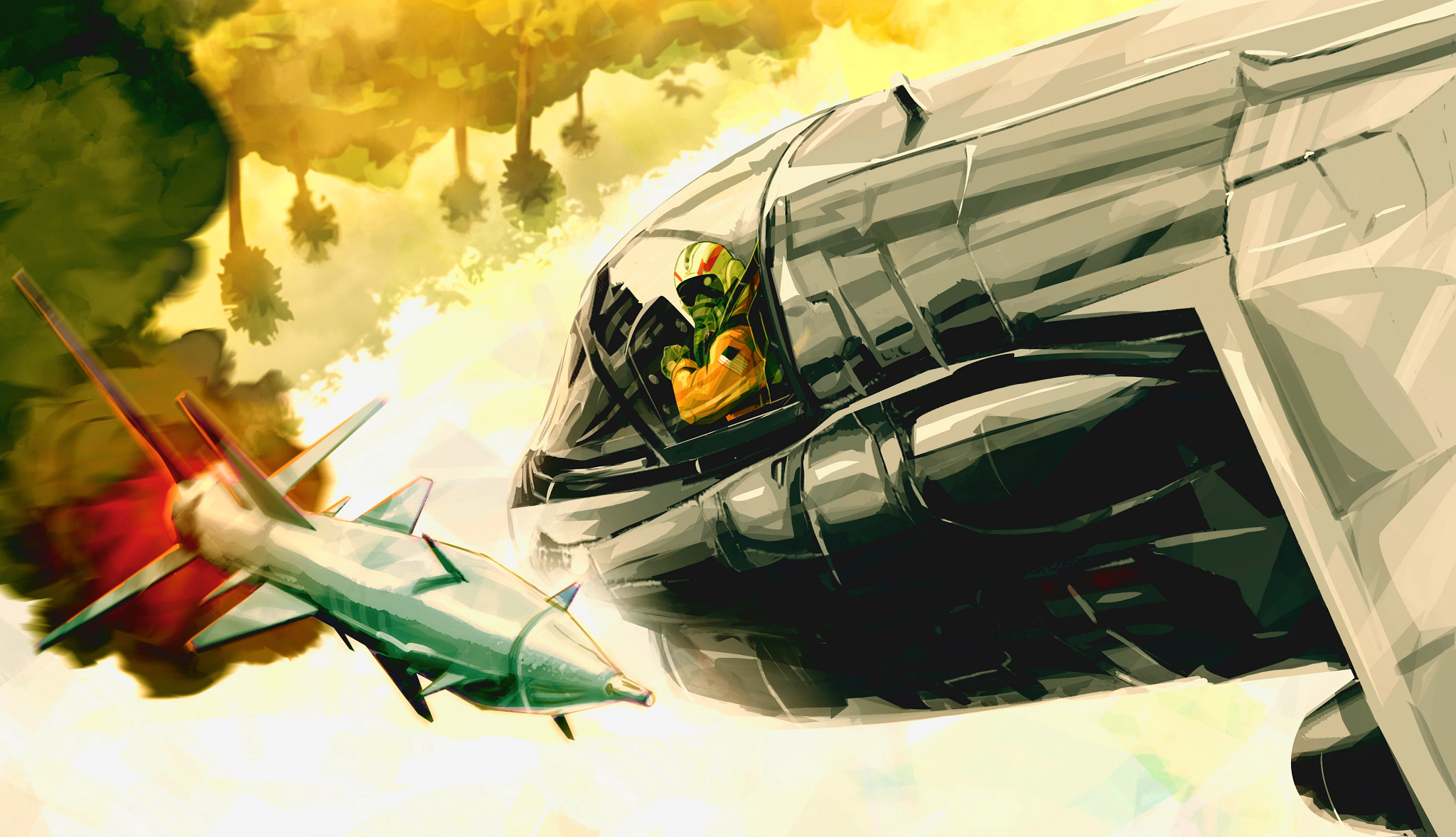 an illustration shows a navy pilot in combat, looking to his left, watching a missile fly past his fighter jet