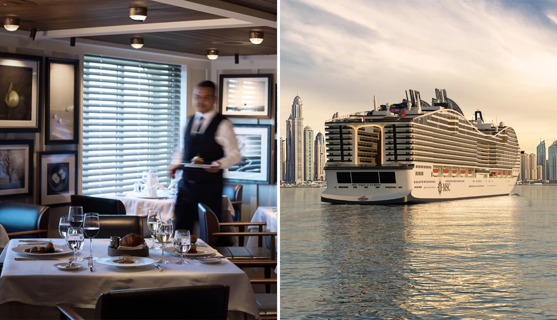 a split image of a restaurant and a cruise ship
