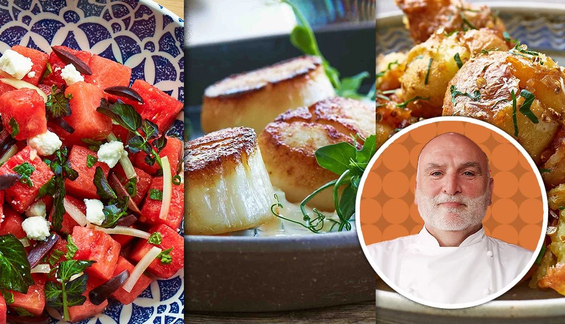 José Andrés’ Mediterranean menu for two Side-by-sides of watermelon and feta salad, seared scallops and Cypriot-style potatoes; image of José Andrés in circle in bottom right