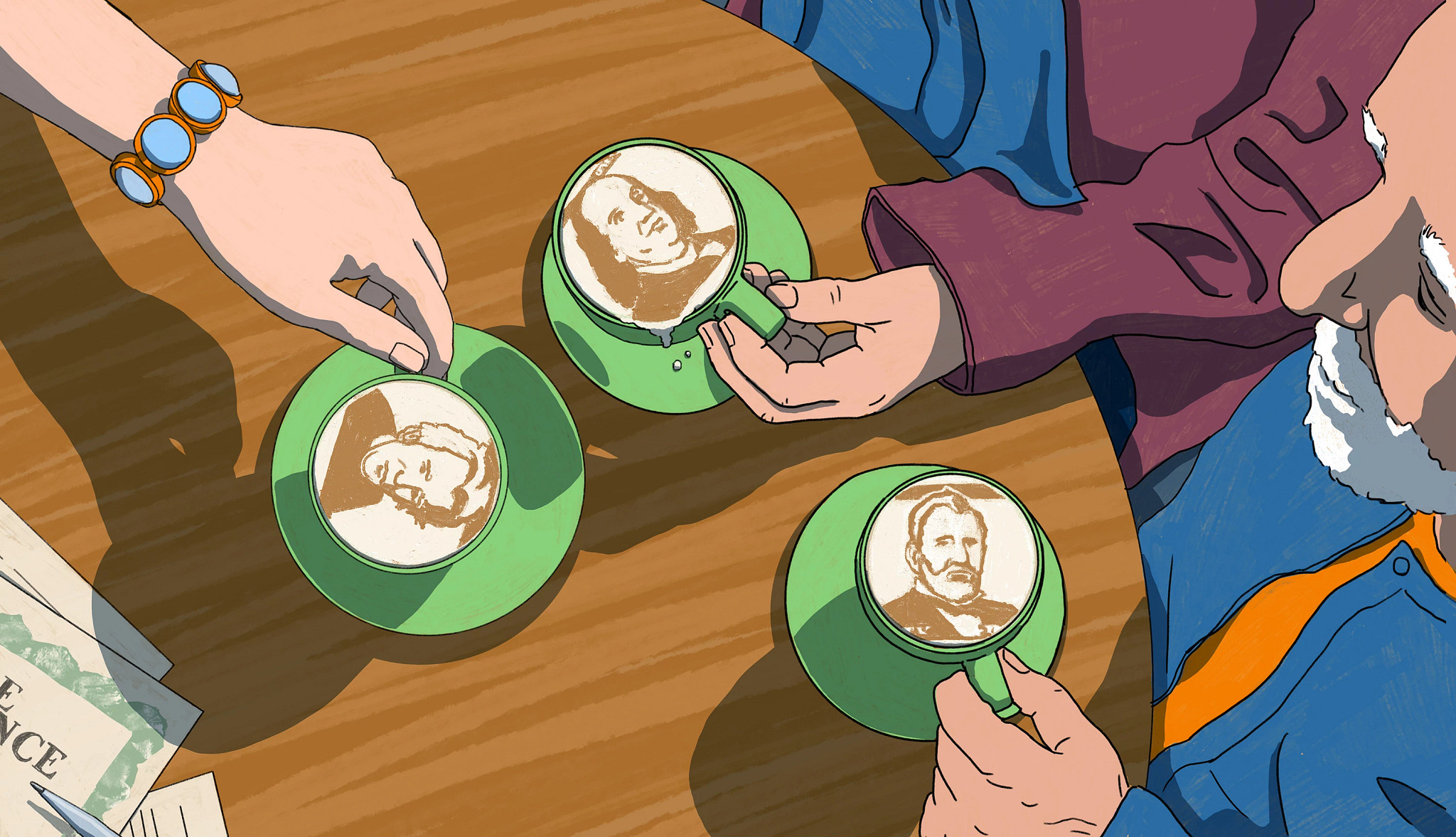 three people hold coffee cups with latte art of presidents on dollar bills