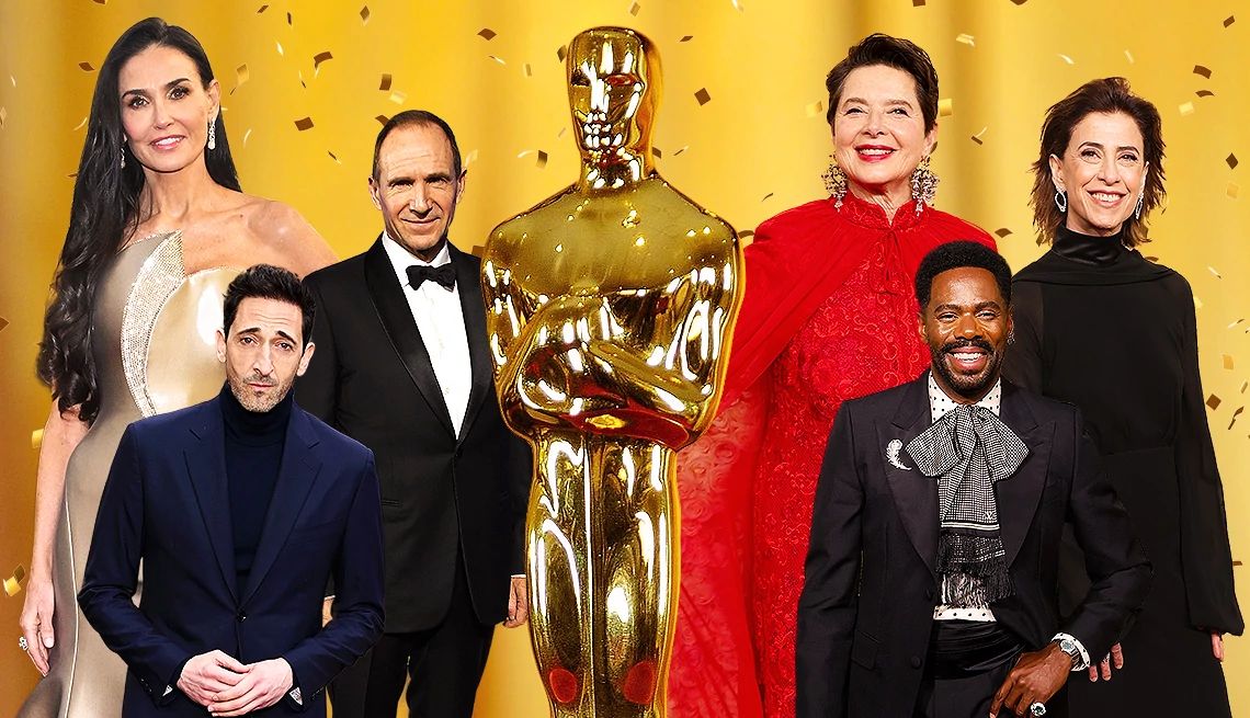 2025 Oscar Nominations an academy award statue stands in the middle of oscar nominees from this year