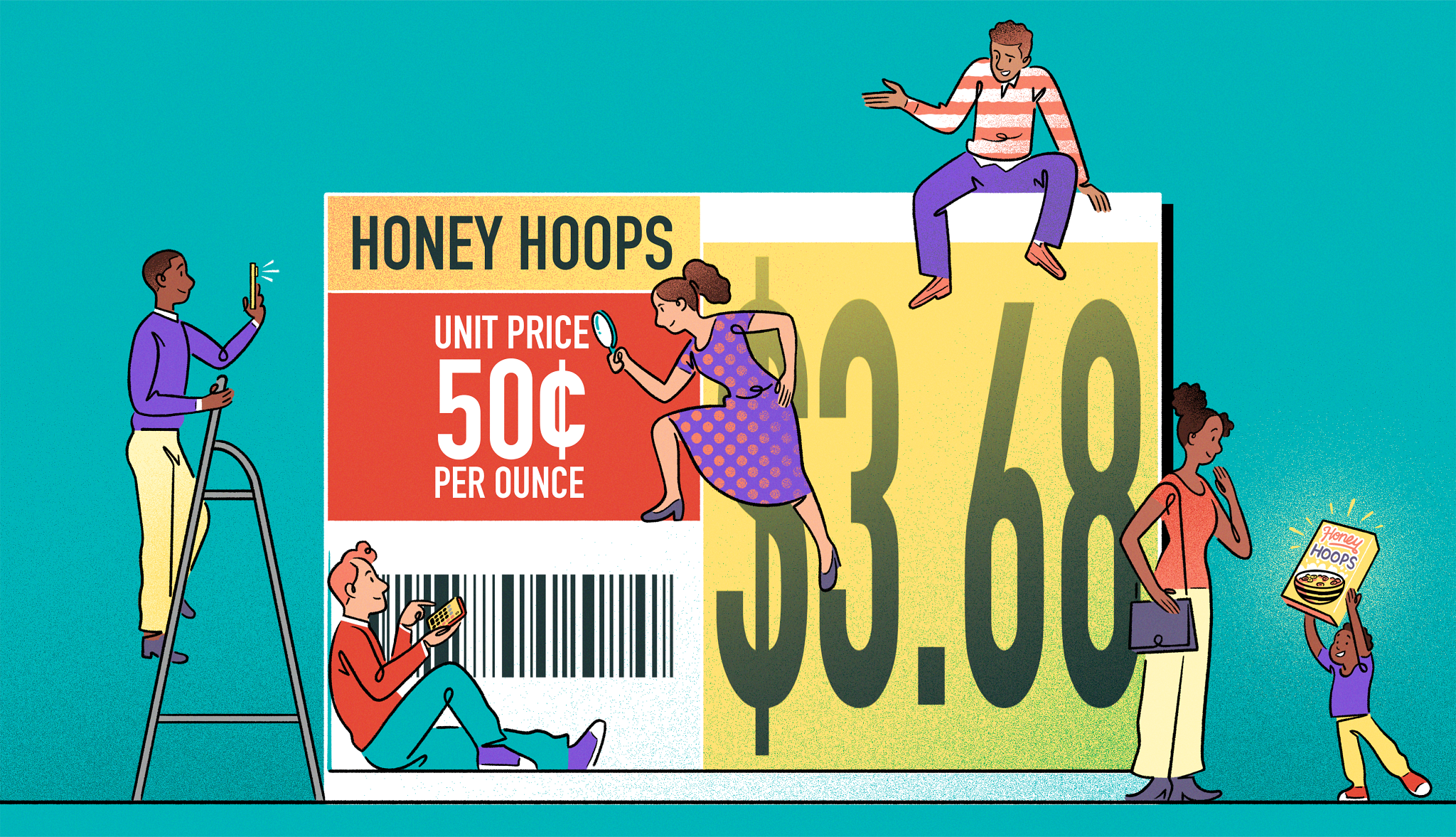Ahorra con precios por unidad compradores examinan una etiqueta para aprovechar el precio unitario.