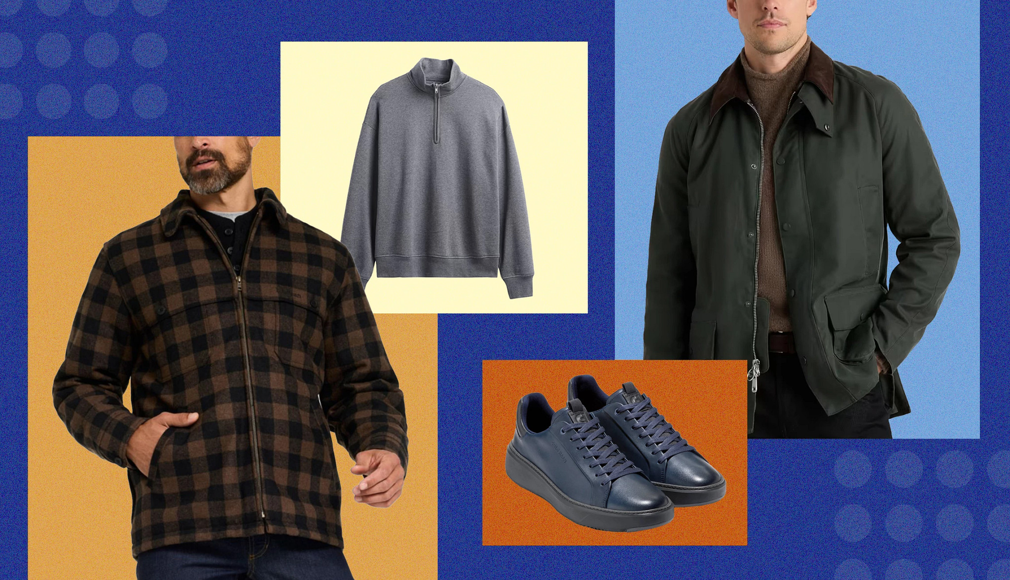 a collage with models wearing mens casual jackets, a casual pullover and a pair of sensible shoes
