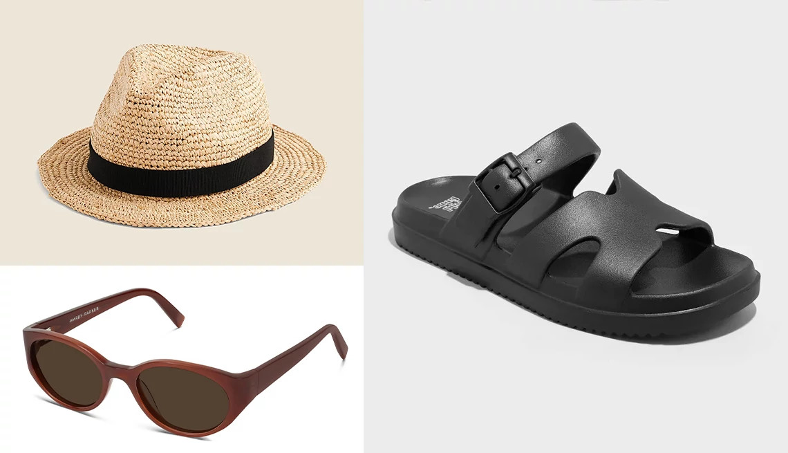 hat, sunglasses, sandal