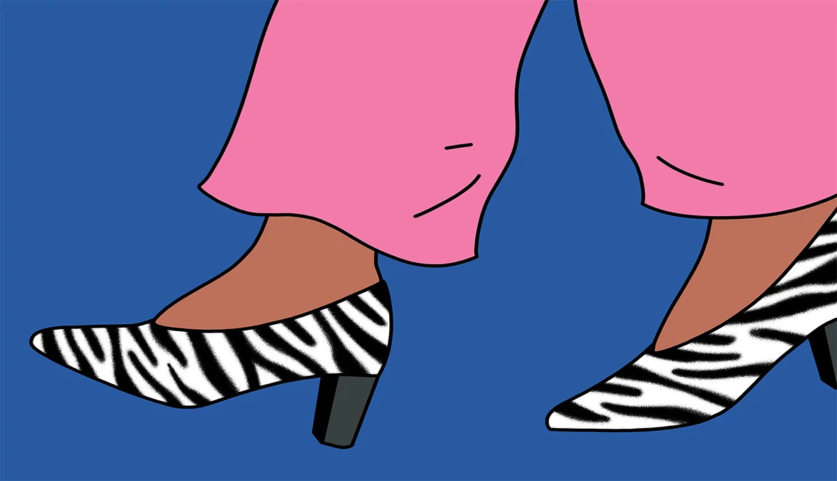 an illustration shows a person's feet as they walk, wearing pink trousers and zebra printed pumps