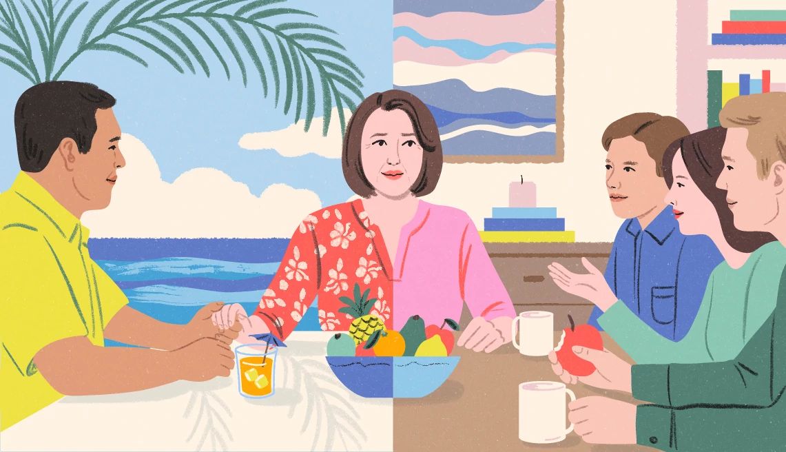 Living a Double Life a woman sits in the middle of two scenes, one with a man holding her hand and the other with three children