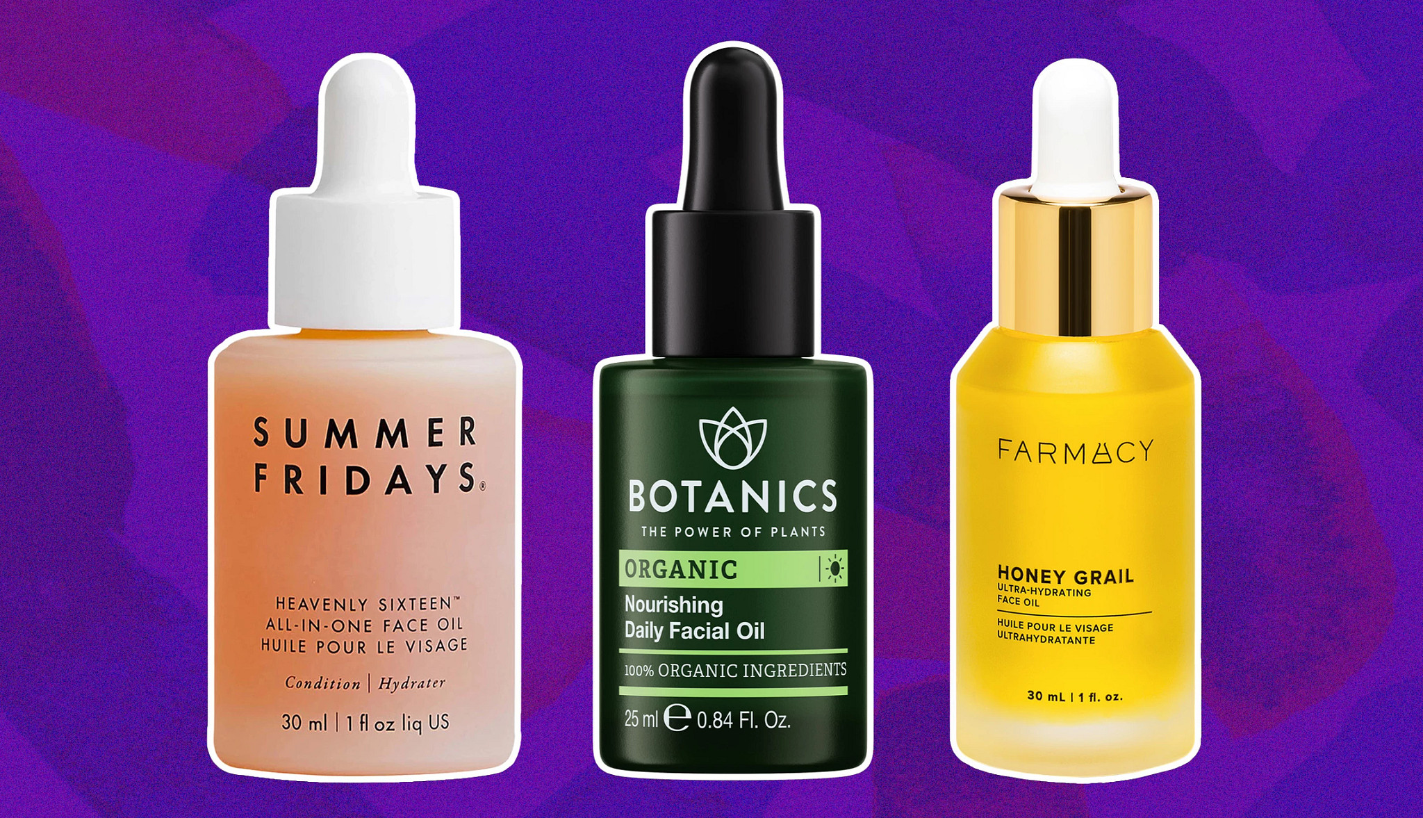 a collage with facial oil products that can be used to create the trendy glass skin look