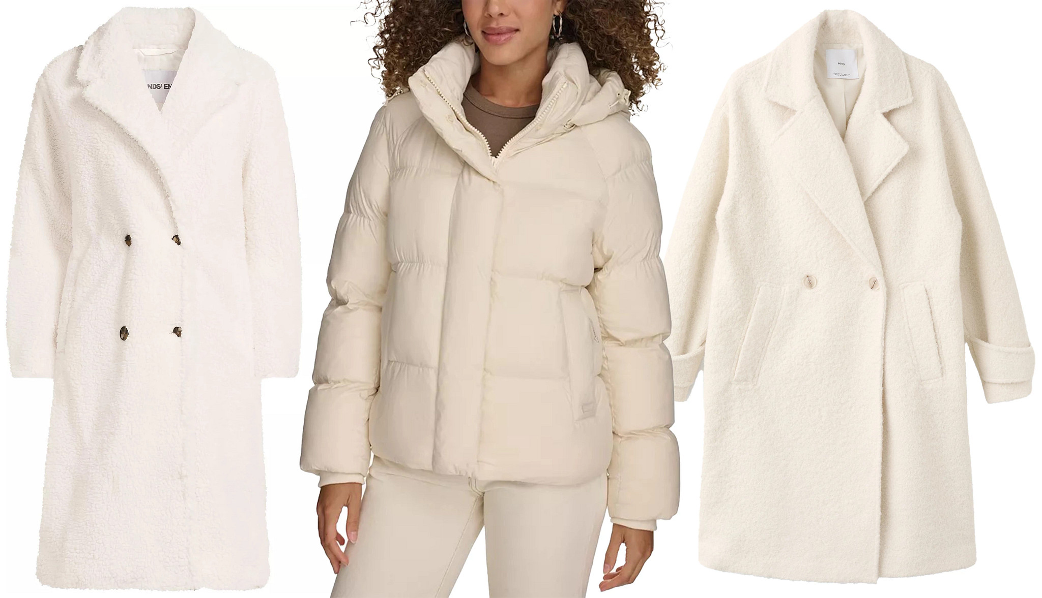 a collage with three different winter coats in white and cream