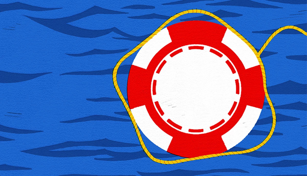 An illustration of a red and white lifebuoy floating on stylized blue waves. A yellow rope is attached to the lifebuoy and extends toward the top right corner of the frame.