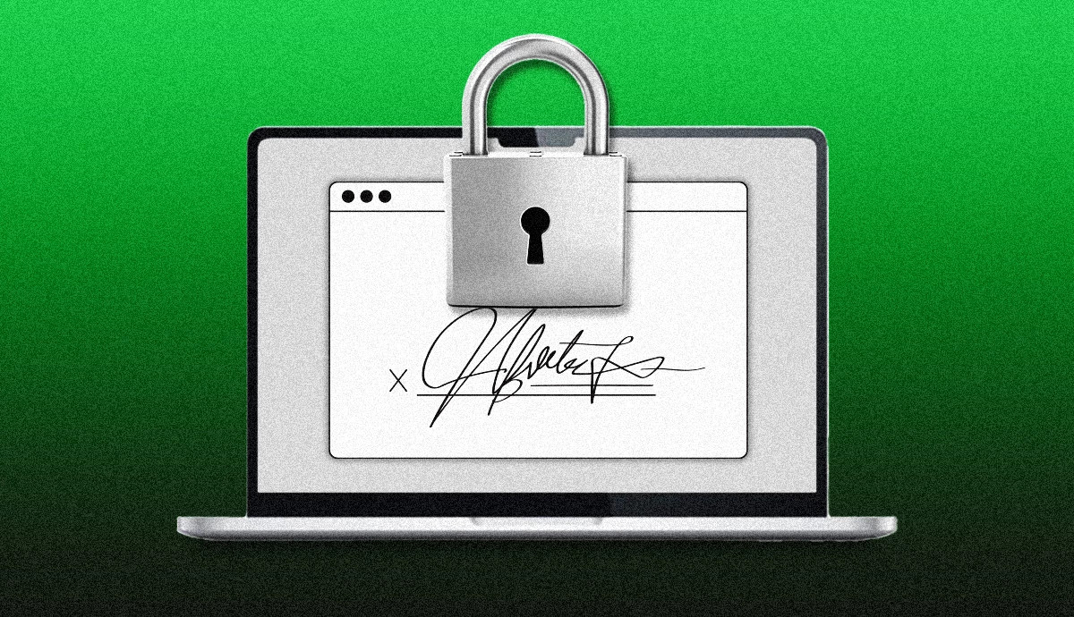 a digital signature on a laptop screen with a lock above it