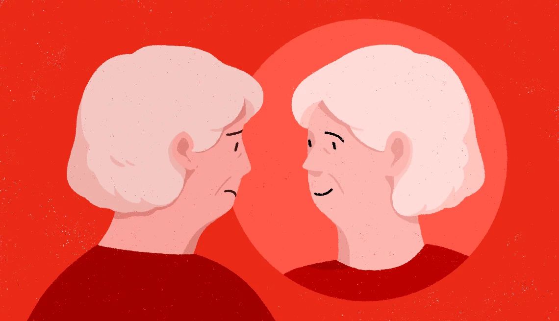 How to Lower Cortisol illustration of a woman looking in mirror