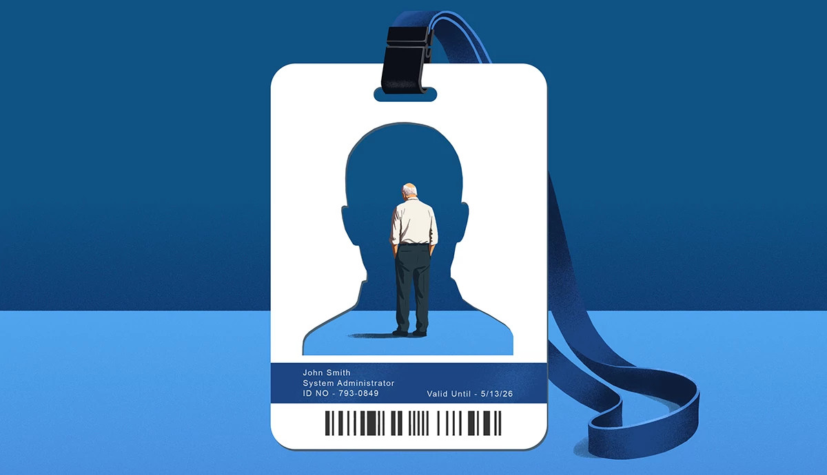 an illustration of a man looking down in the center of a cut out work badge