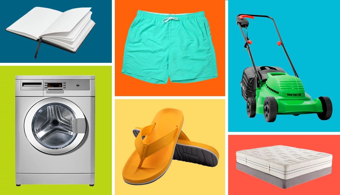 What to Buy in July a collection of items on sale this month, including swimwear, lawn mowers, appliances and a mattress